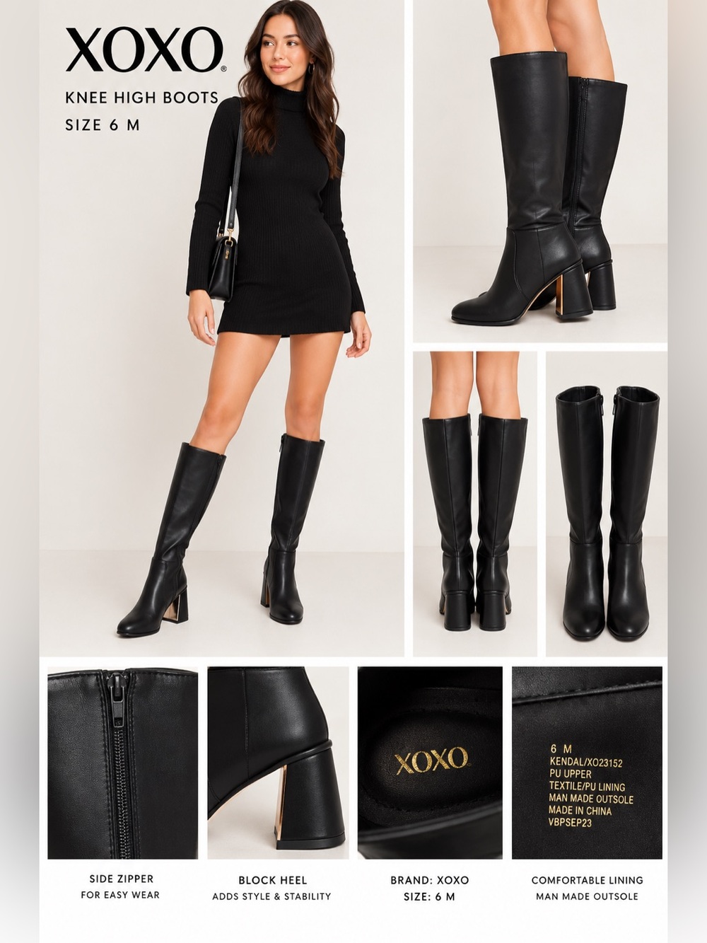XOXO Knee High Black Boots Size 6M Gold Heel Detail NIB